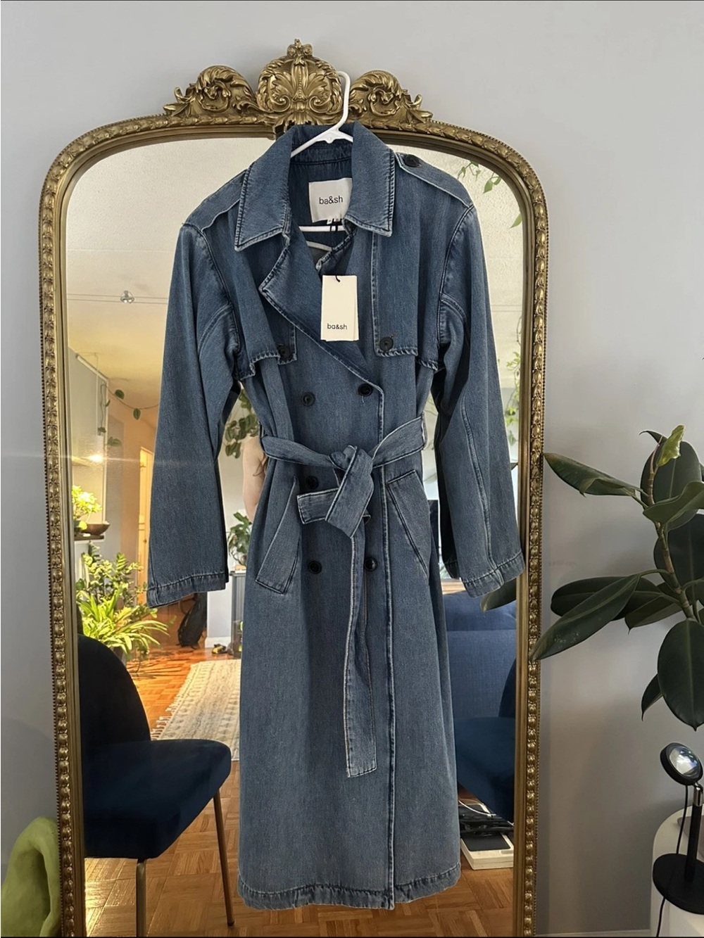 NWT organic cotton ba&sh Blue Denim Double-Breasted Trench Coat S